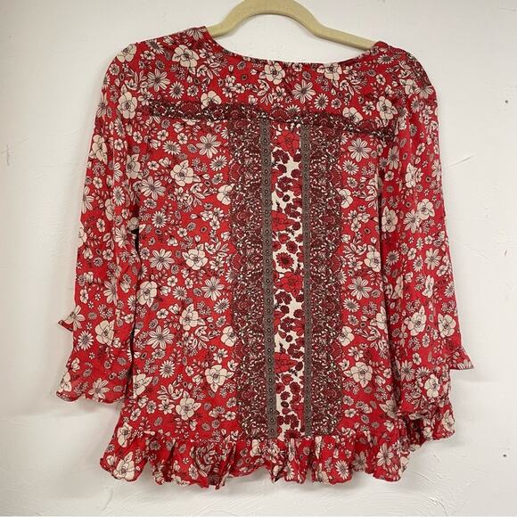 Cynthia Rowley Red Ditsy Floral Ruffled Boho Womens Blouse S Shirt Top Peasant - Picture 6 of 11